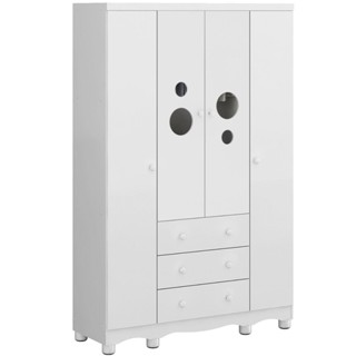 Guarda Roupa Infantil Bolinha 4 Portas 3 Gavetas Branco Brilho / Branco Brilho com Carvalho Móveis Peroba