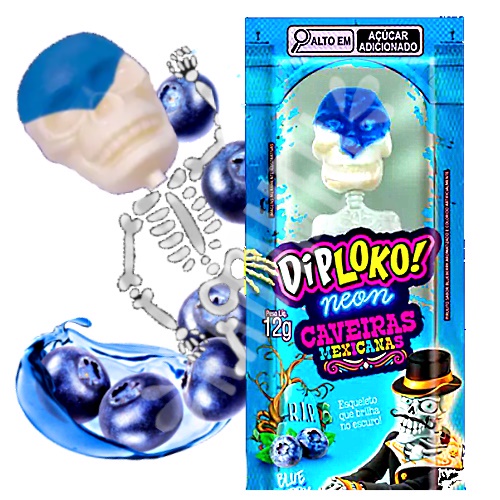  Pirulito Dip Loko Neon Caveiras Mexicanas Blueberry