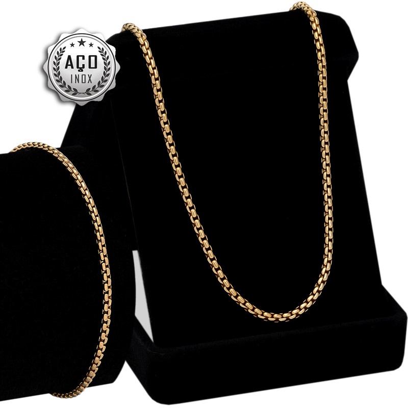 Conjunto Corrente Pulseira Veneziana 2mm CJ-121 Aço Inox Banhado Ouro OGrife