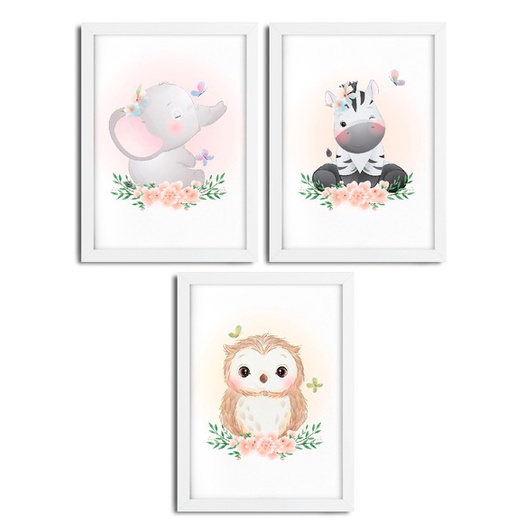 Kit 3 Quadros infantil Menina Savana aquarela 20x30 cada peça coruja Zebra elefante