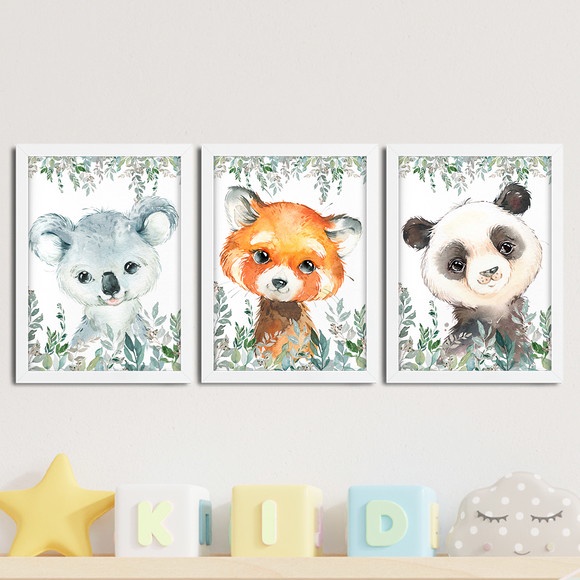 Kit 3 Quadros infantil Menina Savana aquarela 20x30 cada peça panda urso raposa coala
