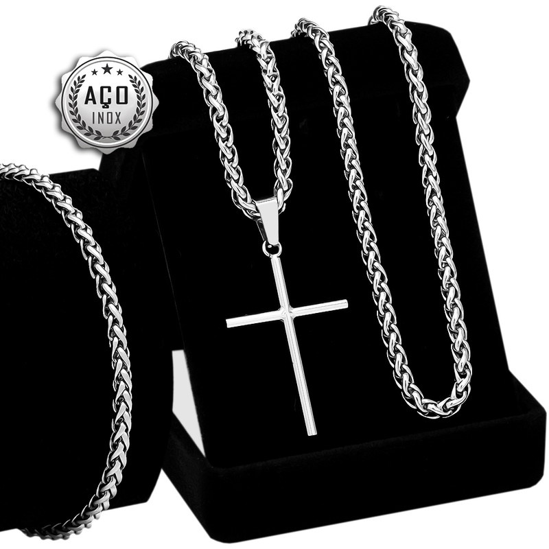 Conjunto Masculino Corrente Cruz Aço Inox J-1311 Prata OGrife Não Preteja