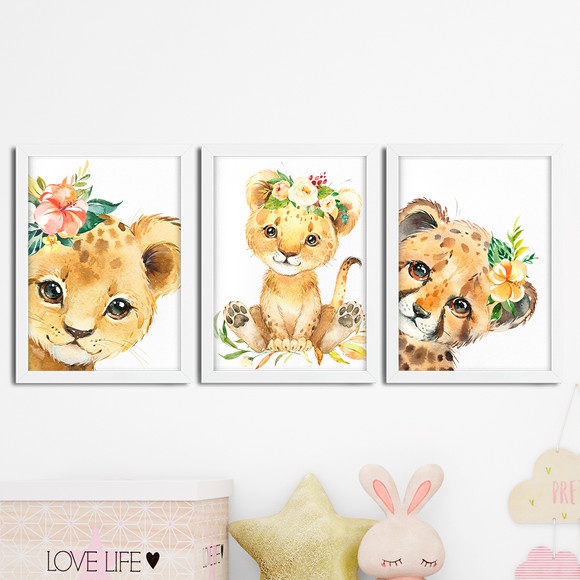 Kit 3 Quadros infantil Menina Savana aquarela 20x30 cada peça tigre onça