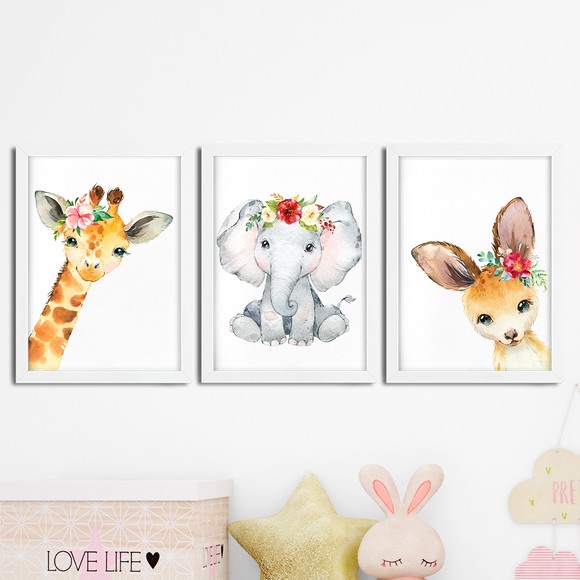 Kit 3 Quadros infantil Menina Savana aquarela 20x30 cada peça girafa elefante coelho