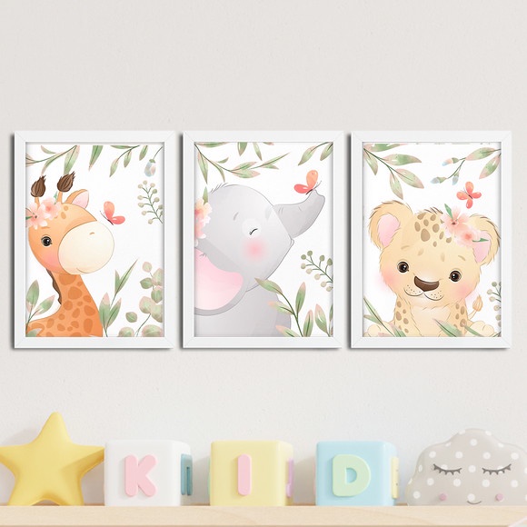 Kit 3 Quadros infantil Menina Savana aquarela 20x30 cada peça zebra elefante onça