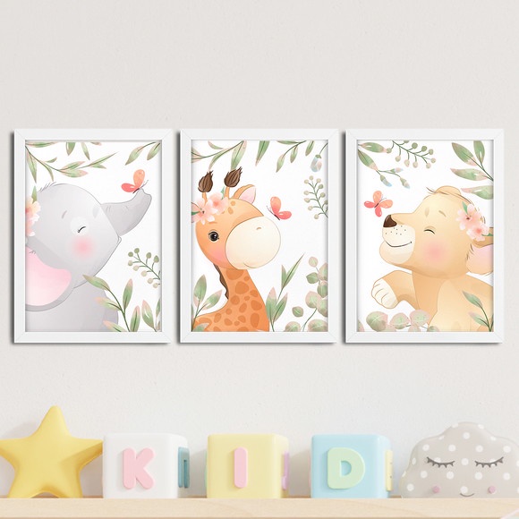 Kit 3 Quadros infantil Menina Savana aquarela 20x30 cada peça elefante zebra