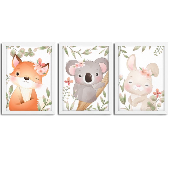 Kit 3 Quadros infantil Menina Savana aquarela 20x30 cada peça rapoza coelho coala