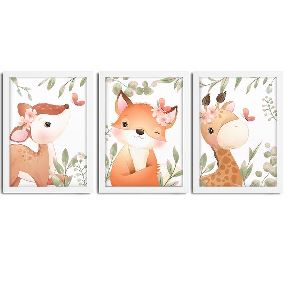 Kit 3 Quadros infantil Menina Savana aquarela 20x30 cada peça veado raposa girafa