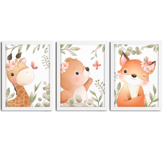 Kit 3 Quadros infantil Menina Savana aquarela 20x30 cada peça girafa raposa urso