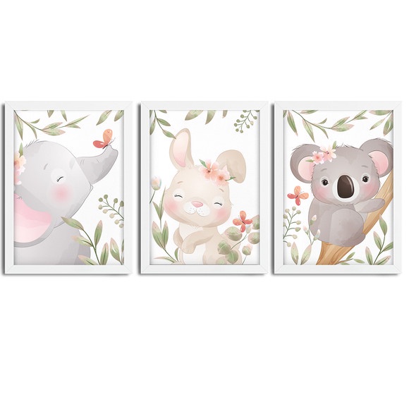 Kit 3 Quadros infantil Menina Savana aquarela 20x30 cada peça coelho elefante