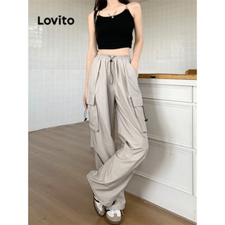 Lovito Calça Simples com Cordão e Bolsos para Mulheres LNE17135 (Cinza Claro)