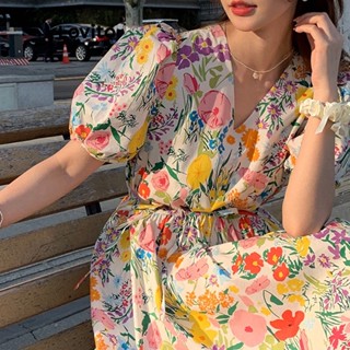 Lovito Vestido com Mangas Bufantes e Amarração para Mulheres LNE17104 (Multi-Cor)