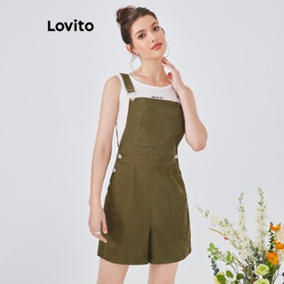 Lovito Macaquinho Jardineira com Bolsos e Botões Frontais para Mulheres L54ED117 (Verde Militar)