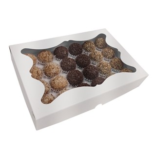 Caixa para 24 Doces Com Visor em Acetato Conjunto de 10 Unidades Branca e Kraft