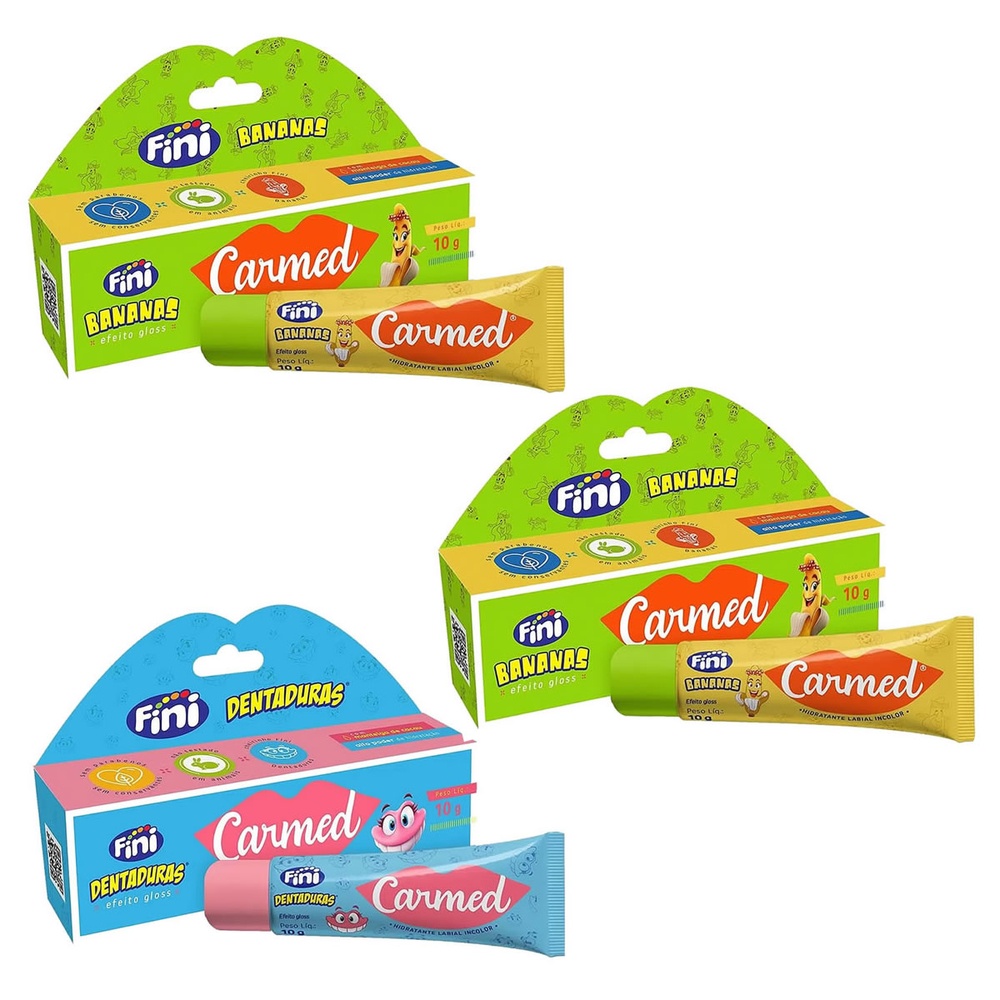 Kit 3 Unidades Hidratante Labial Carmed Fini 2 Bananas e 1 Dentaduras Efeito Gloss 10g em Oferta na Shopee