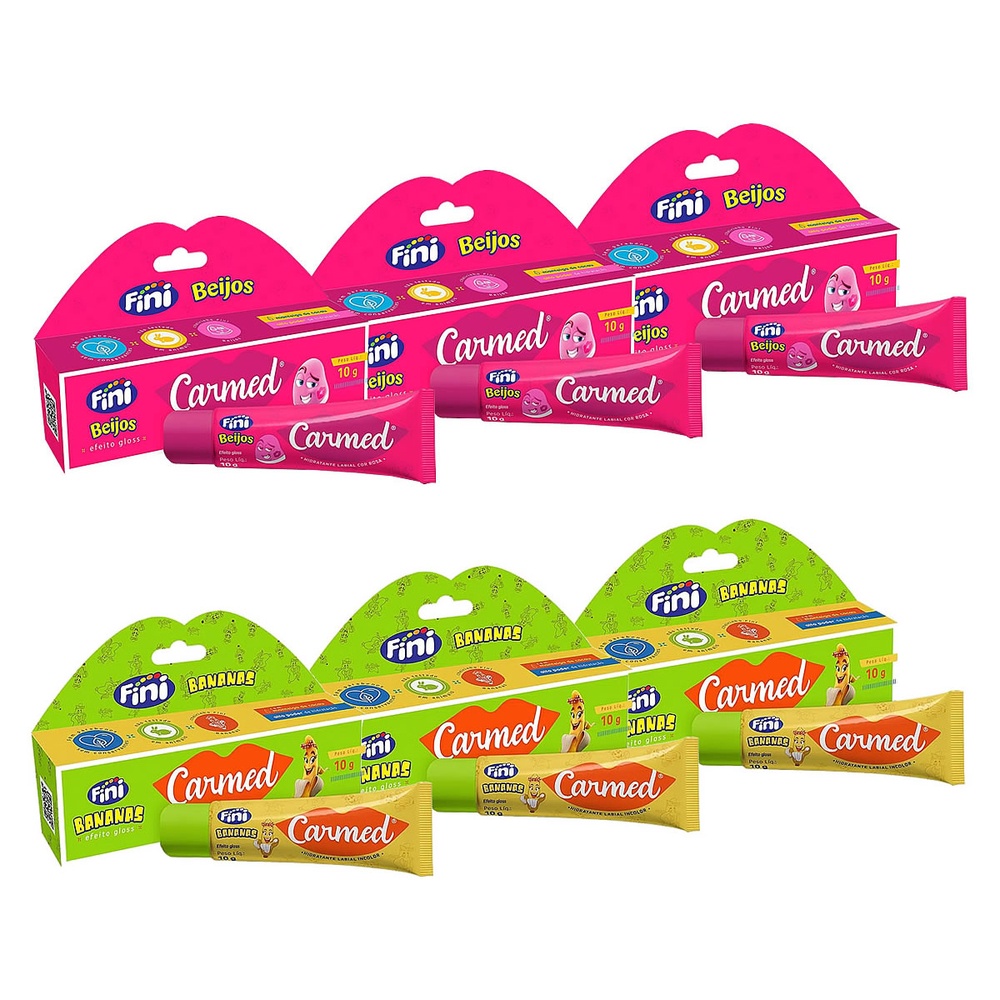 Kit 6 Unidades Hidratante Labial Carmed Fini 3 Beijos e 3 Bananas Efeito Gloss 10g - Beauty