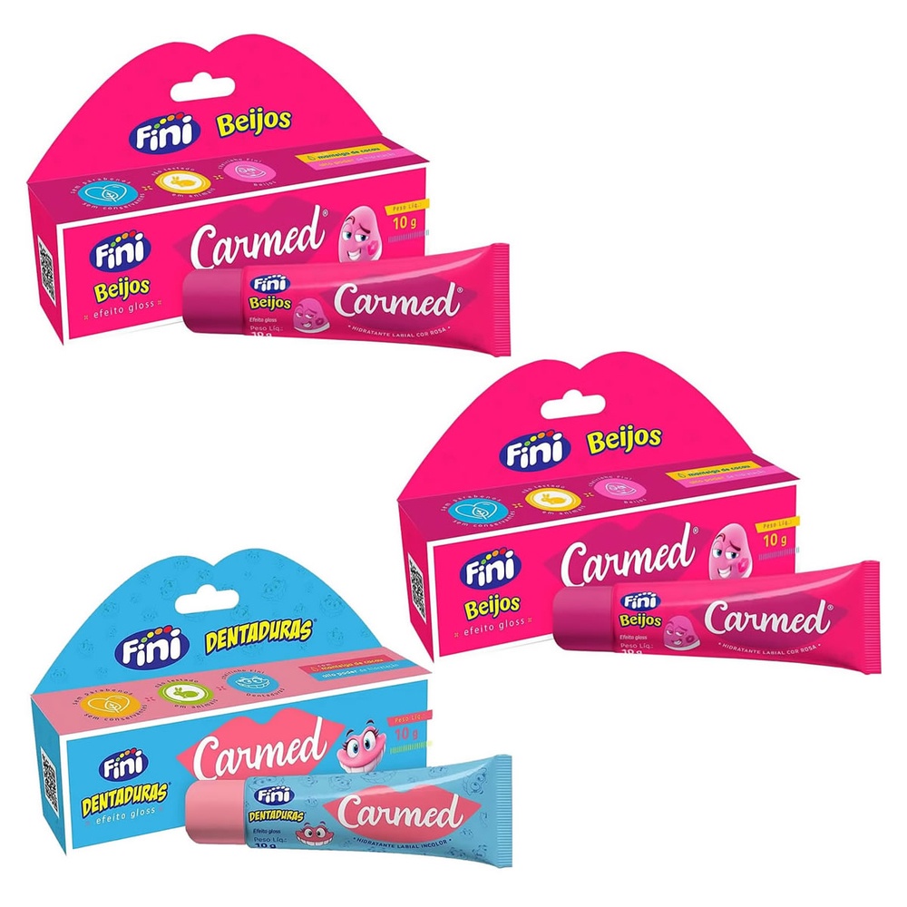 Kit 3 Unidades Hidratante Labial Carmed Fini 2 Beijos e 1 Dentaduras Efeito Gloss 10g em Oferta na Shopee