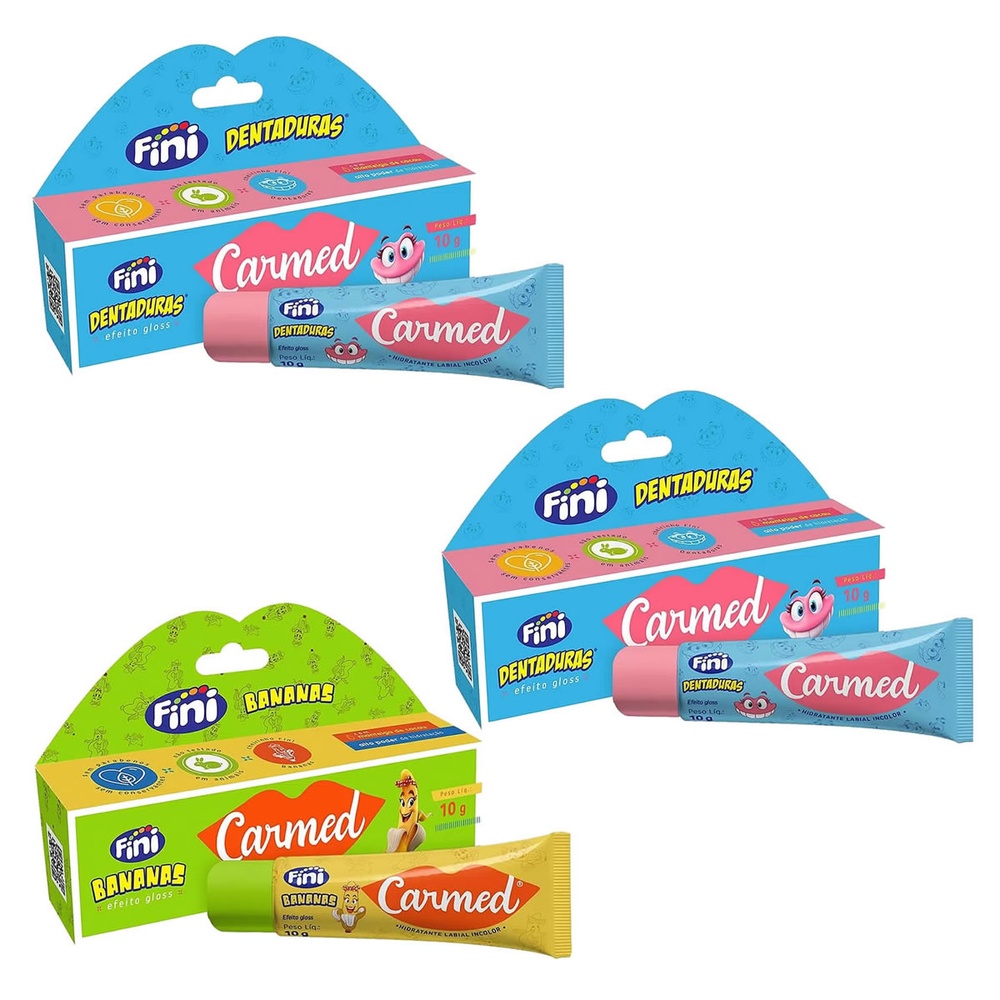 Kit 3 Unidades Hidratante Labial Carmed Fini 2 Dentaduras e 1 Bananas Efeito Gloss 10g em Oferta na Shopee