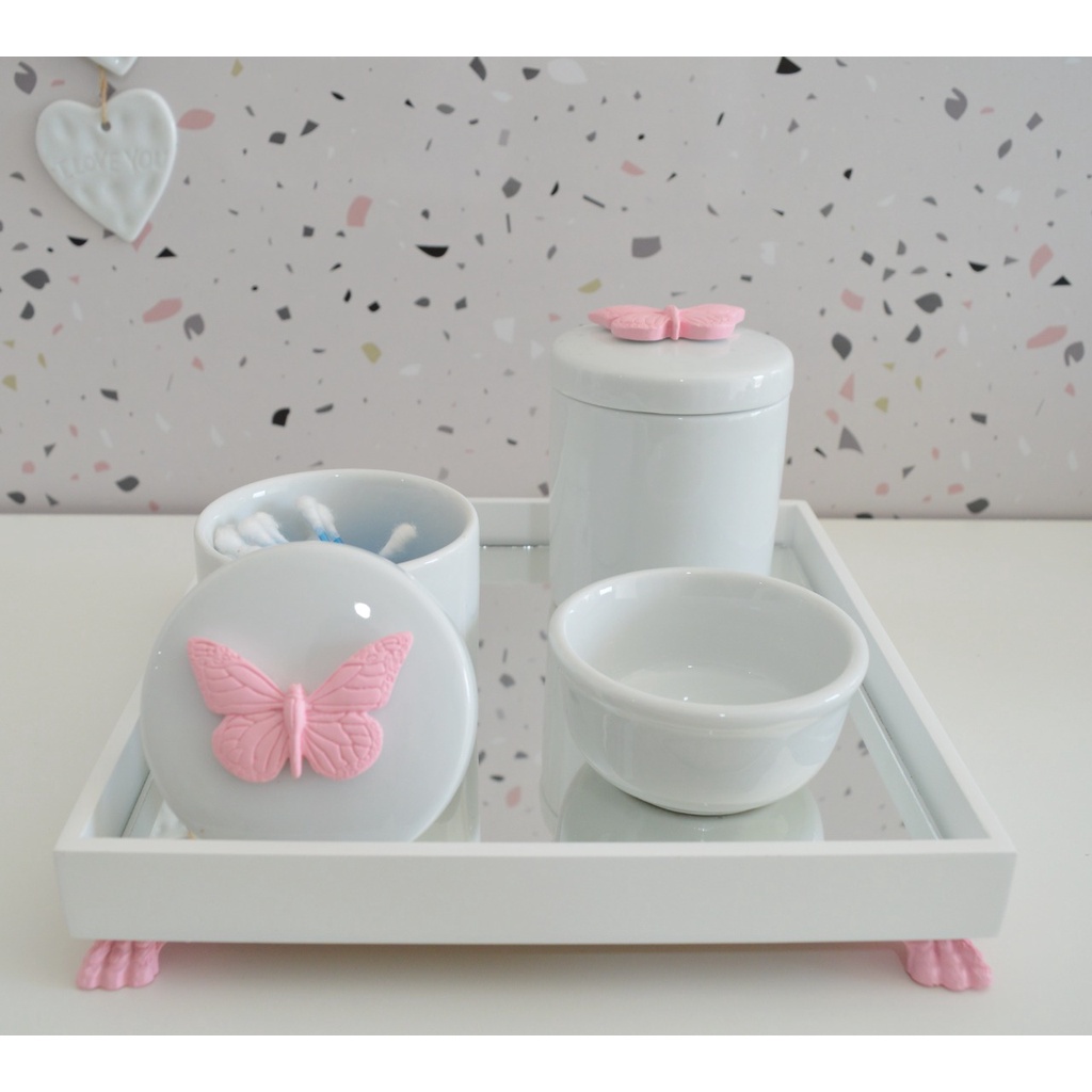 Kit Higiene Porcelana Bebê Bandeja Maternidade K049 Borboleta em Oferta na Shopee
