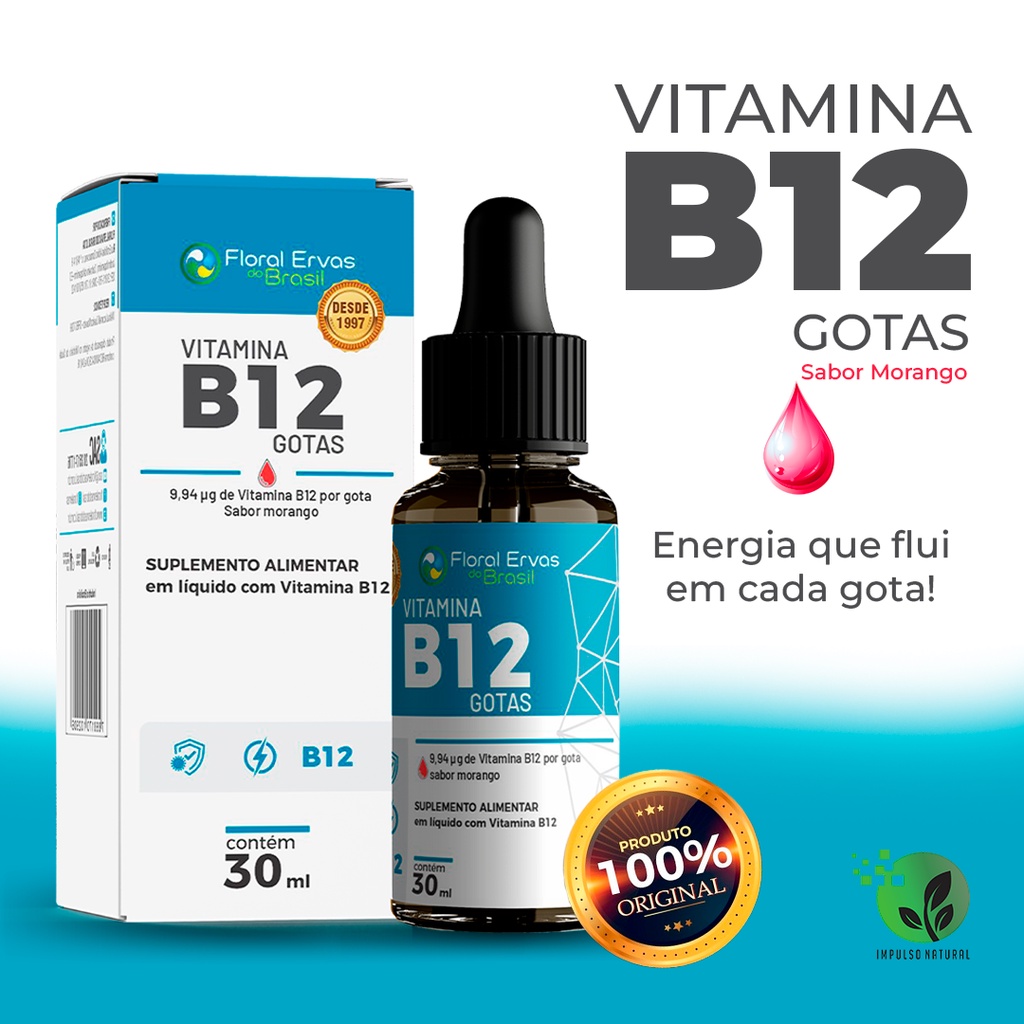 Suplementos VITAMINA B12 Sublingual 30ml Sabor Morango Vitamina B12 Metilcobalamina Gotas Floral Ervas do Brasil