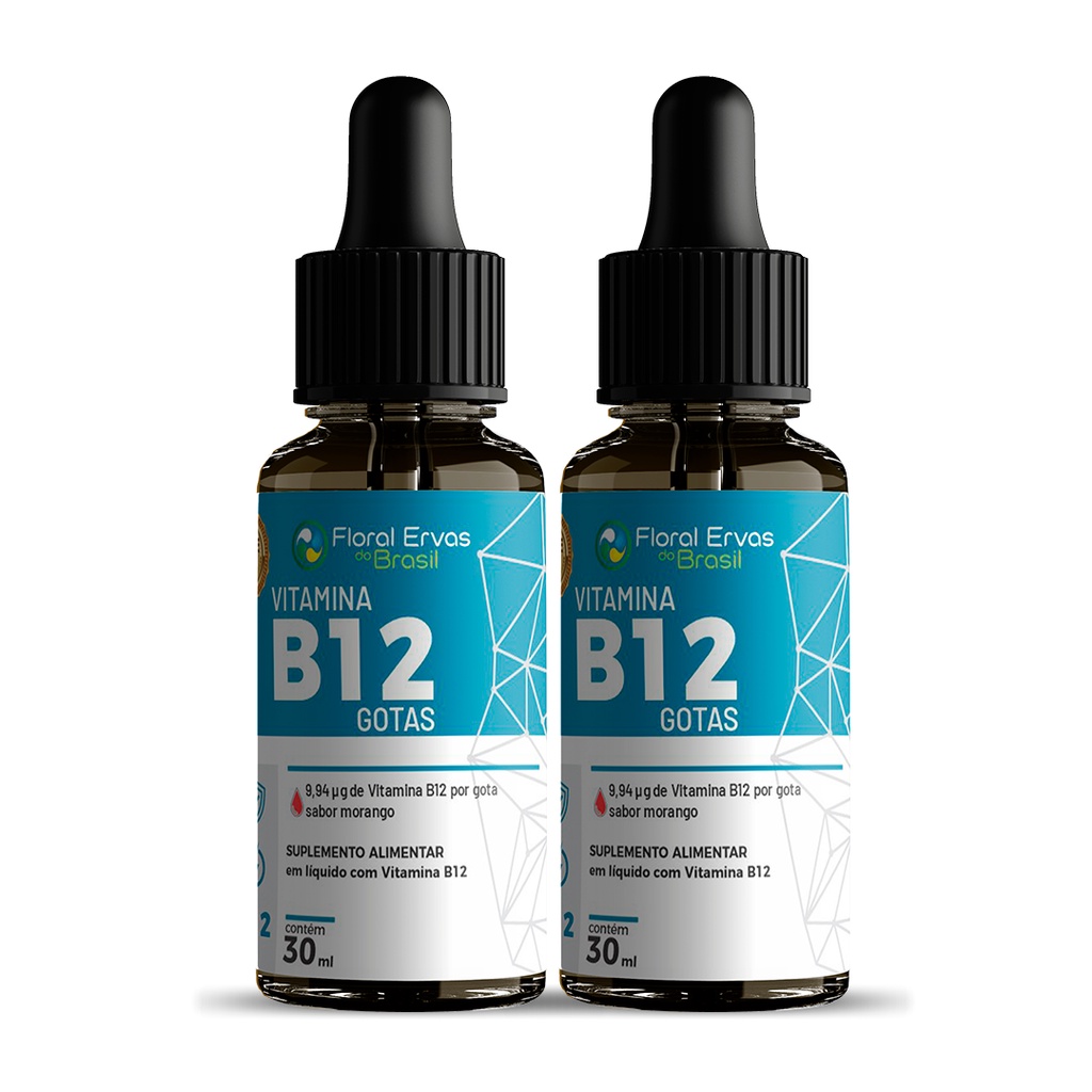 Kit 2 Suplementos VITAMINA B12 Sublingual 30ml Sabor Morango Vitamina B12 Metilcobalamina  Gotas Floral Ervas do Brasil