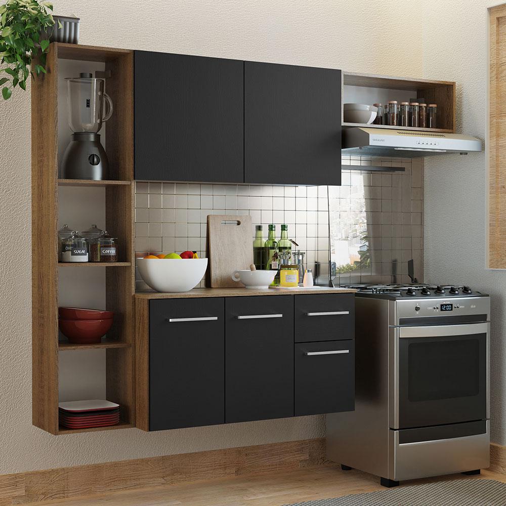Armário de Cozinha Compacta 180cm Rustic/Preto Easy Madesa - Home & Living