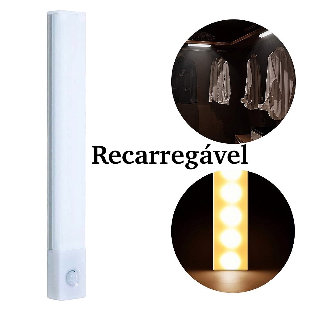 Luminaria Led Com Sensor De Movimento Recarregável Lâmpada Barra Iluminação de emergência Casa Para Corredor Armário Cozinha Banheiro Luz Quente Fria  Decoração