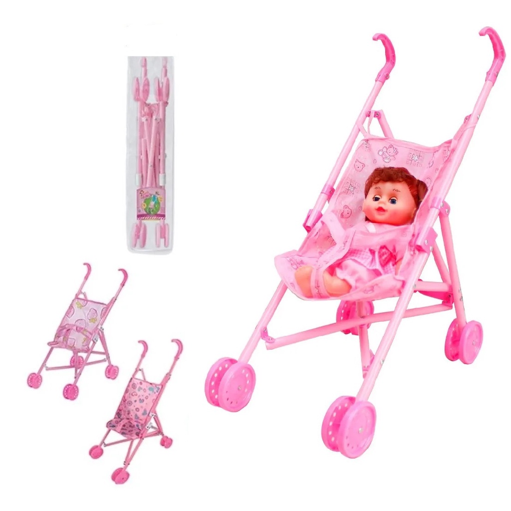 Carrinho De Boneca Infantil Dobrável Rosa Menina Bebê Carrinho Bebe Reborn De Brinquedo Passeio Plástico