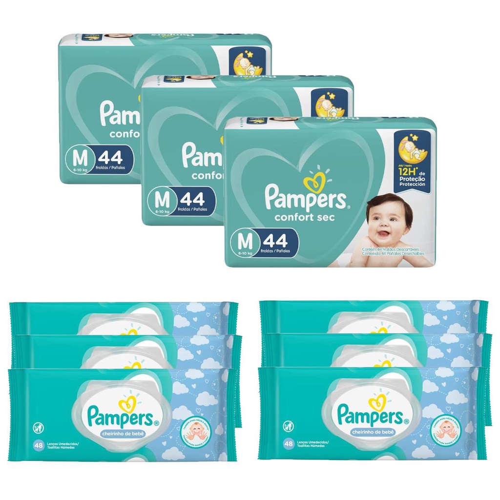 Kit Fralda Pampers Confort Sec M 132un + Lenços Umedecidos Pampers Cheirinho de Bebê 288un