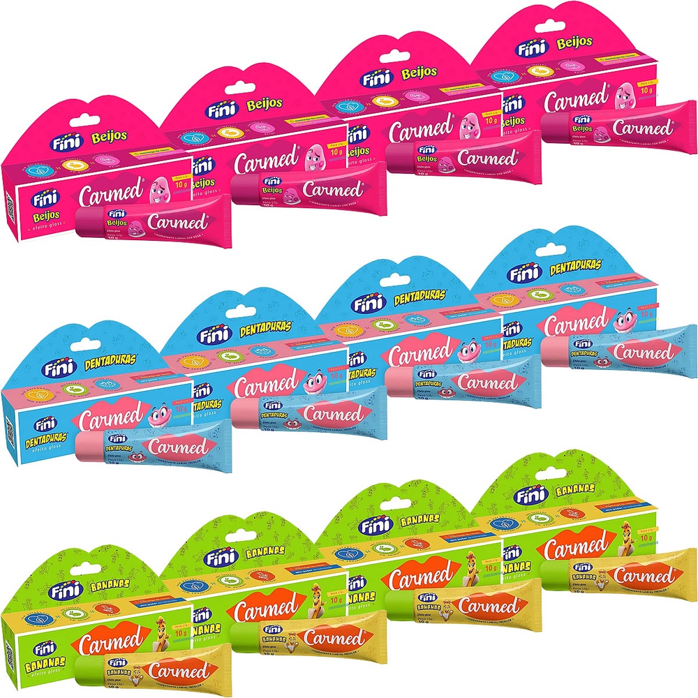 Kit 12 Unidades Hidratante Labial Carmed Fini 4 Beijos, 4 Dentaduras e 4 Bananas Efeito Gloss 10g - Beauty