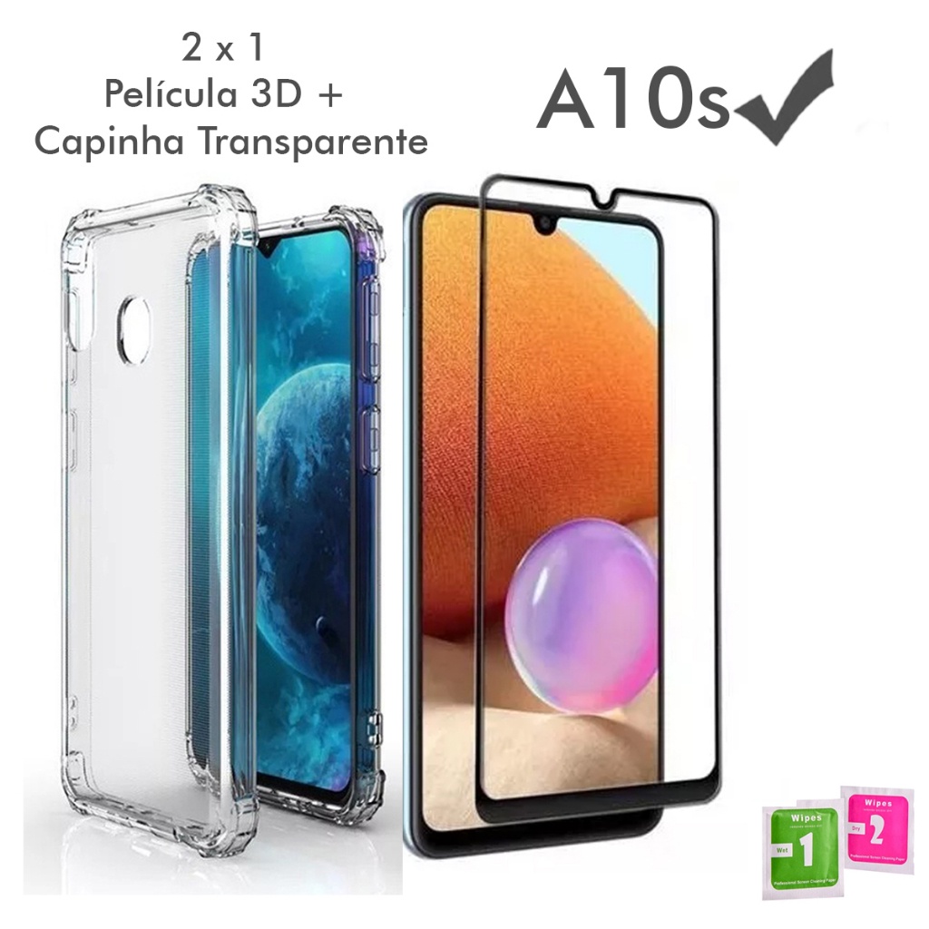 Capa Híbrida Capa Case Capinha Anti Shock transparente Samsung Galaxy A10s + Película Vidro 3D em Oferta na Shopee