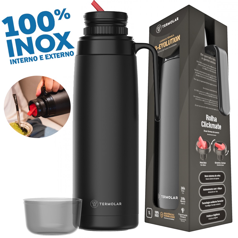 Garrafa Térmica Preta 100% Inox 1L Café Quente 20H Termolar - Home & Living