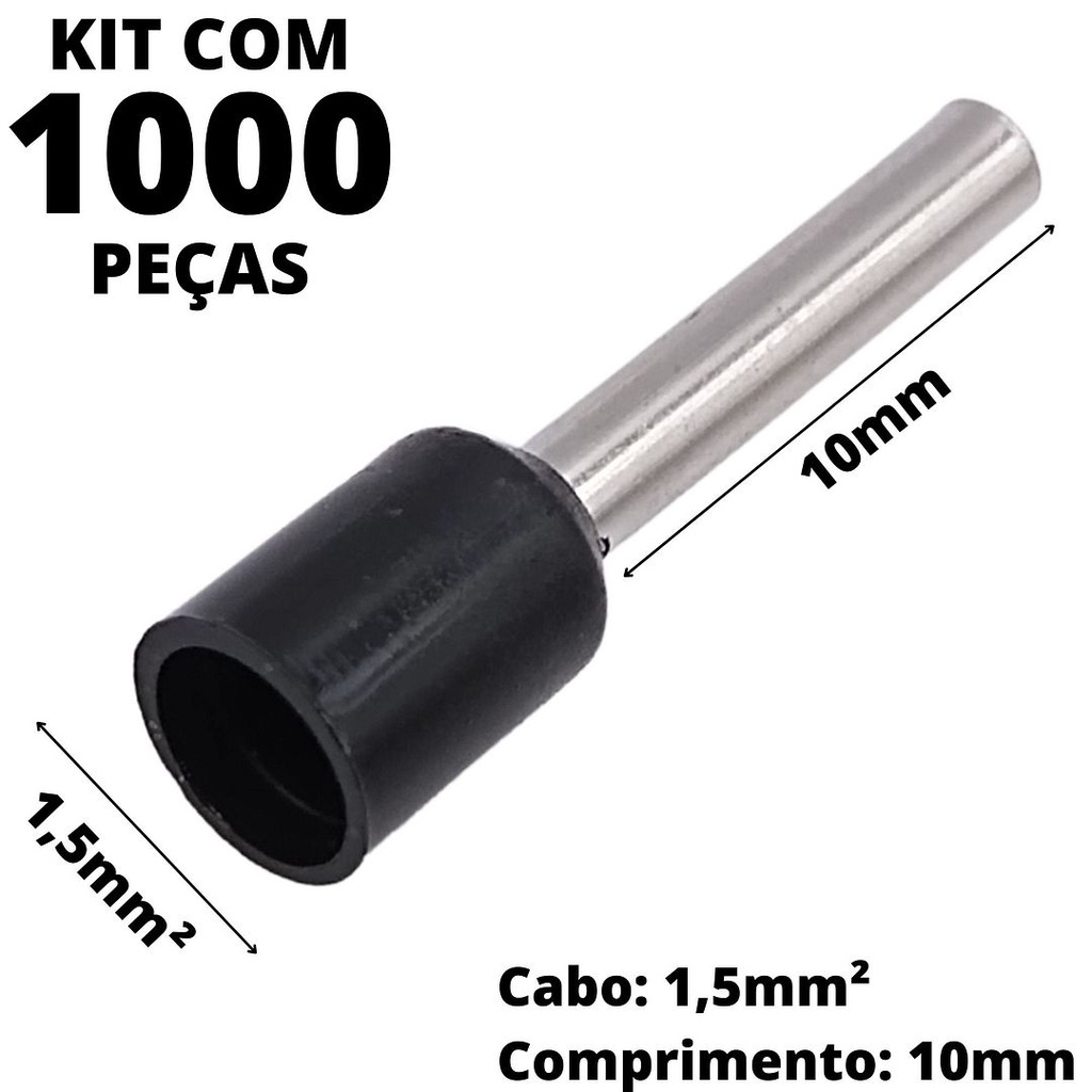 1000un Terminal Tubular Ilhós Pré-isolado Simples Para Cabo de 1,5mm² Metal 10mm Preto E1510