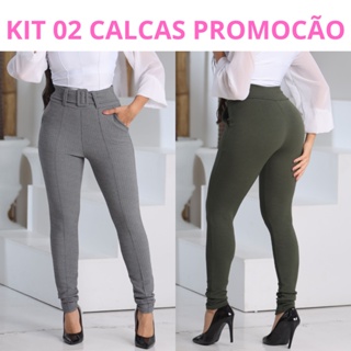 Kit 2 Calça Feminina Crepe Calca Cinto Forrado Skinny Cintura Alta Social Bolso em Oferta na Shopee
