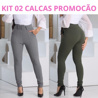 Kit 2 Calça Feminina Crepe Calca Com Cinto Forrado Skinny Cintura Alta Social