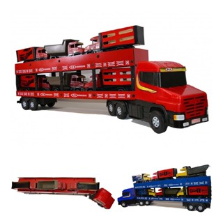 Carreta Cegonheira Dupla Articulada de Madeira Grande Com 6 Caminhão Brinquedo Criança