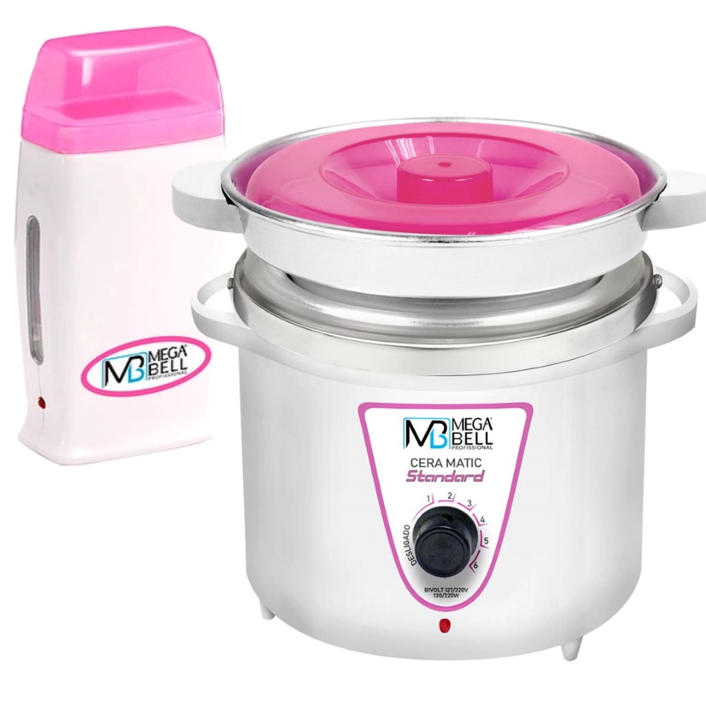Kit Panela Depilação Termocera 900g Com Refil Branca Com Rosa + Aquecedor de Cera Roll-on na Rosa