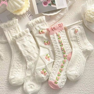 [Cinco Pares] Meias Femininas Brancas Finas JK De Menina Rosa Japonesa De Renda HGF