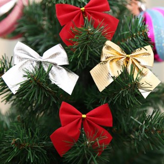 12pcs Christmas Decortaion Bows Xmas Tree Hanging Gold Silver Red Bowknots Pendants Ornamentos O7V2