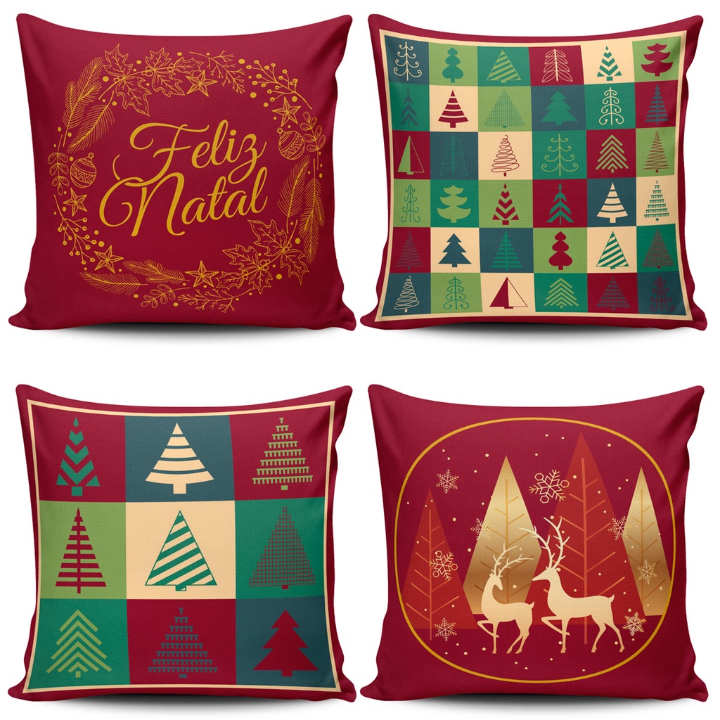Kit com 4 Capas de Almofadas Estampadas Natalinas Feliz Natal Fim de Ano 45cm x 45cm Jogo Decoração