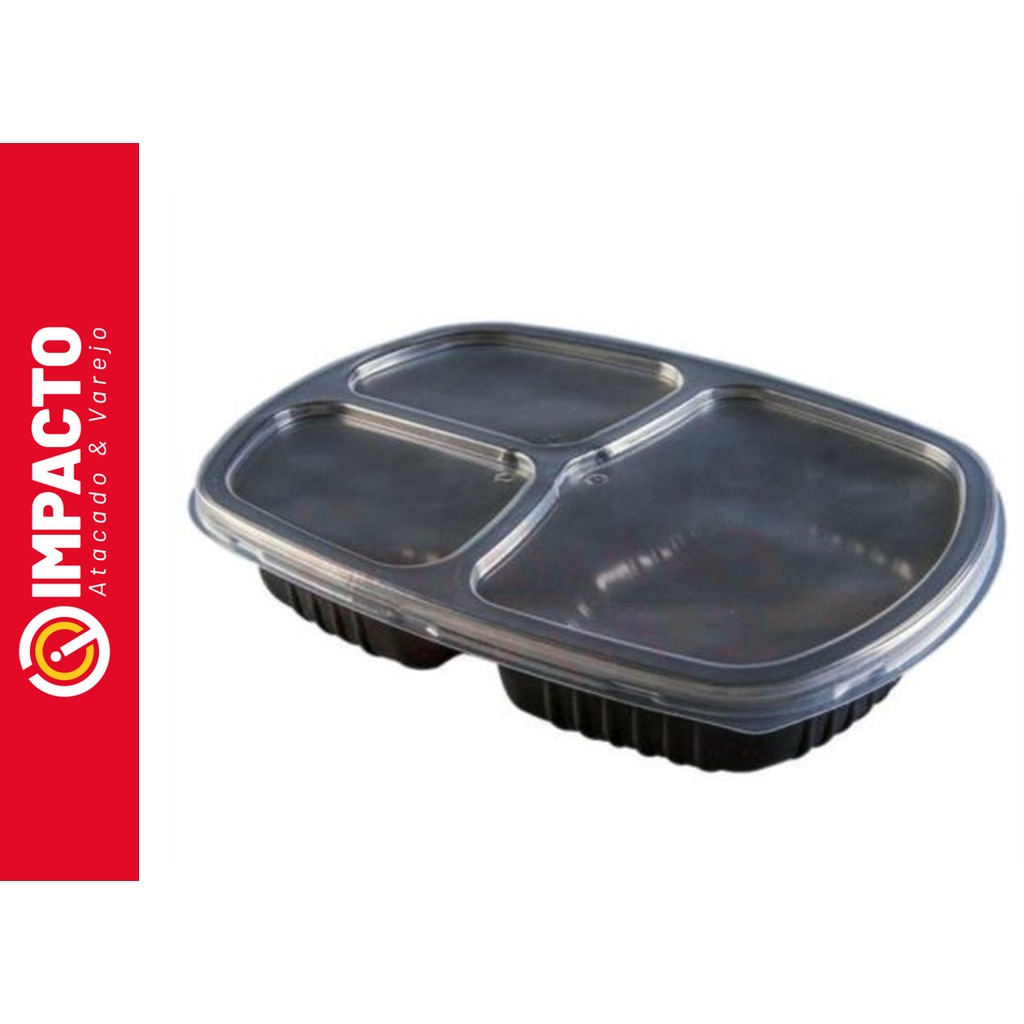 10un Bandeja Fitness Preta 3 Divisões Tampa Cristal G331 Galvanotek Premium Freezer e Microondas