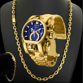 kit relógio masculino Zeus hybrid dourado azul preto corrente e pulseira