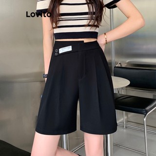 Lovito Casual Shorts Feminino Liso Plissado Assimétrico LNE29150 (Preto)