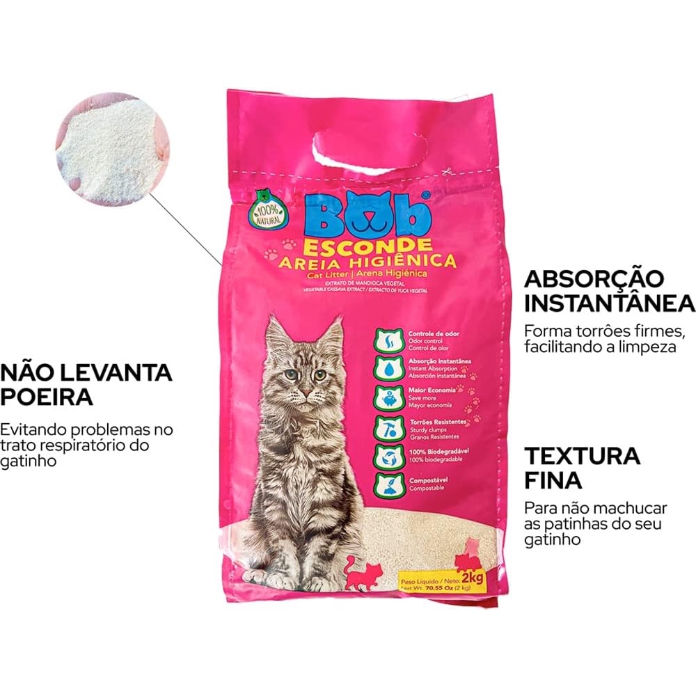 Areia Higiênica Para Gatos Mandioca Bob Esconde 2kg - Absorção Superior, Pet, Pet shop