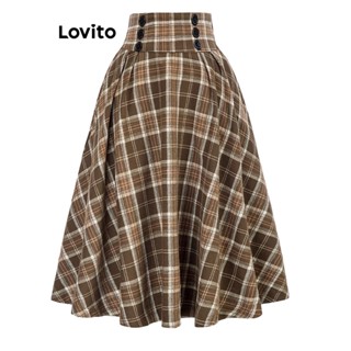Lovito Casual Saia Feminina Xadrez com Botão Duplo LNA29245 (Cáqui)