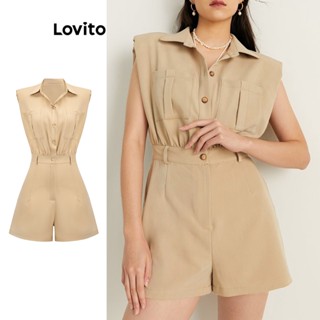 Lovito Casual Macacão Feminino Liso Plissado com Bolso e Ombreiras L71ED194 (Preto/Damasco)