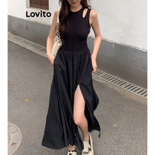 Lovito Vestido Casual Liso Com Recorte Dividido Para Mulheres LNE38469 (Preto)