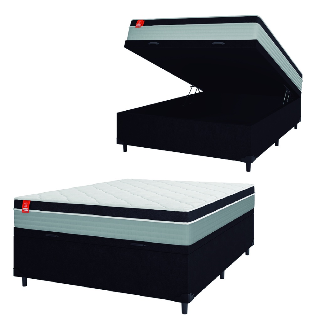 Cama Box Baú Casal Colchão Molas Ensacadas Real 138x188x68cm Preto / Cinza - Suporta até 130Kg por P em Oferta na Shopee