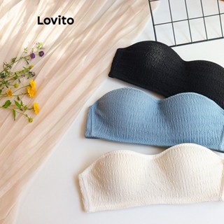 Lovito Casual Sutã Bralette Feminino Liso Plicado LNA34075 (Off-White/Azul/Preto)