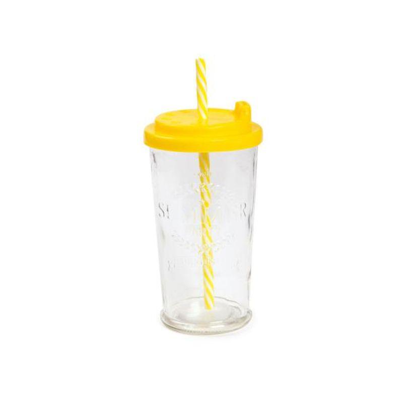 Copo de Vidro Amarelo 450ML com Tampa e Canudo para Sucos Refrigerantes e Refrescos em Oferta na Shopee